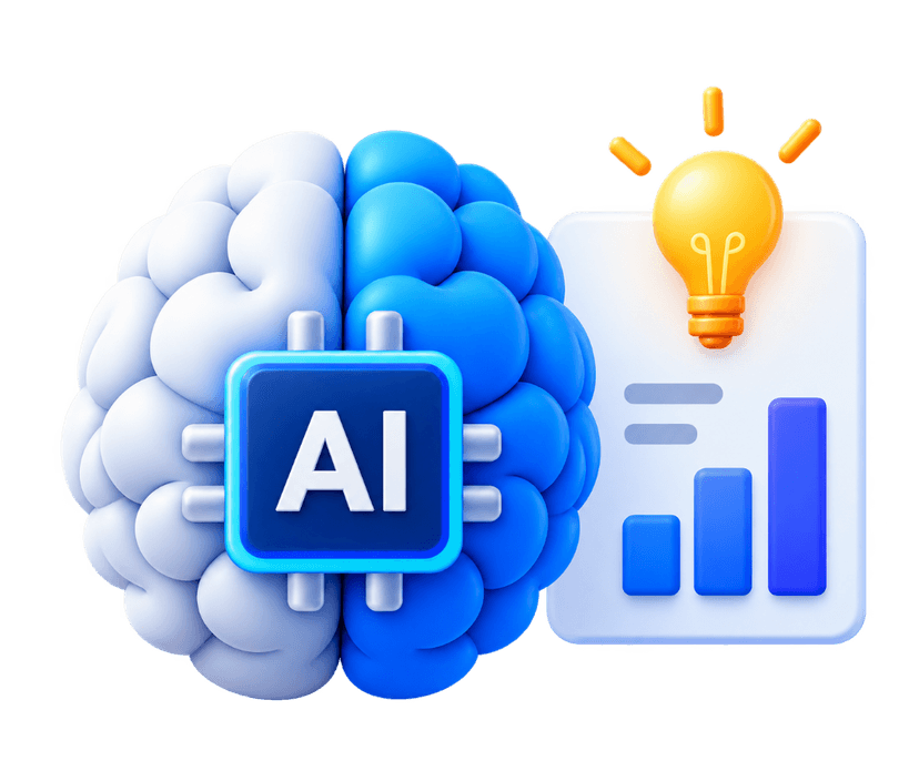 AI Insights 3D brain with intelligent decision chip and idea bulb