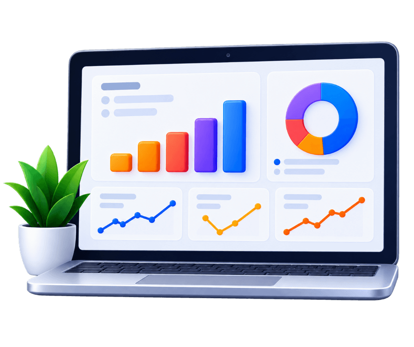AI-Powered Business Analytics laptop with business charts and plant