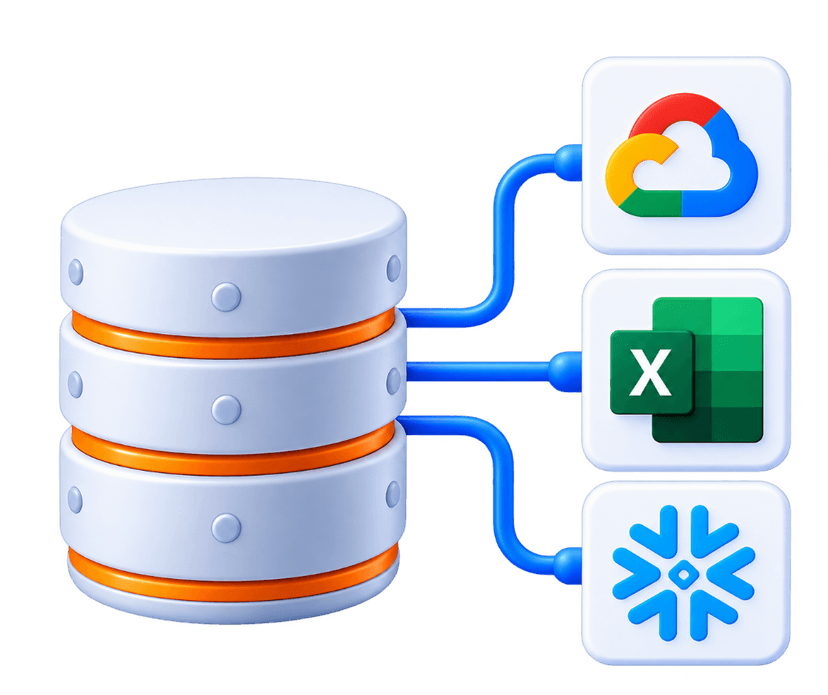 Data Integration cylinder database connected to cloud and spreadsheets