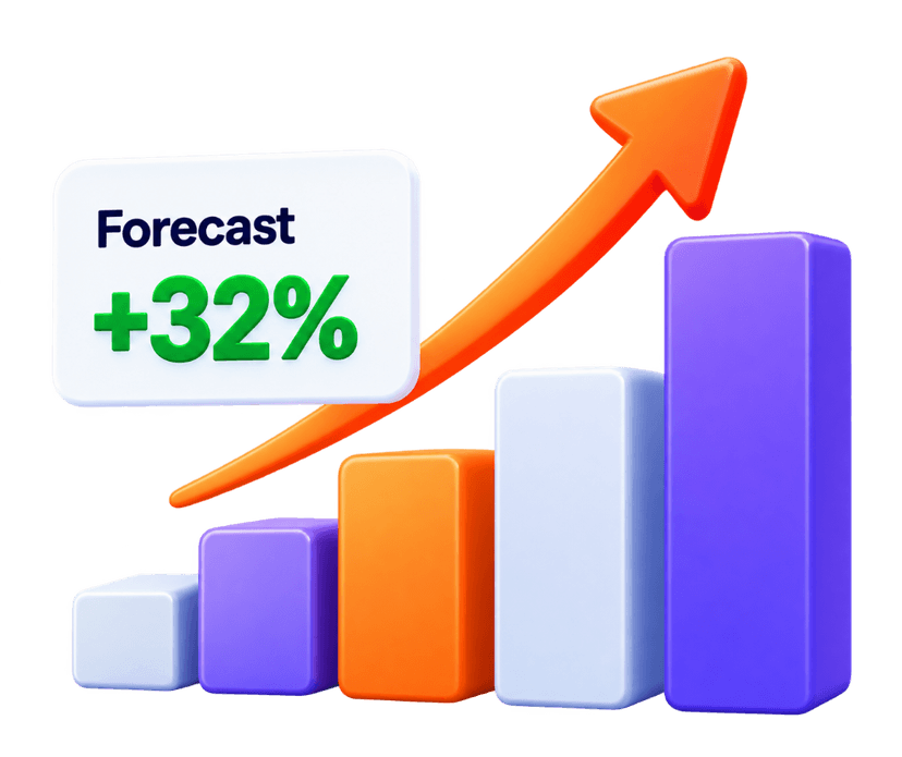 Predictive Analytics 3D forecast bar chart with upward growth arrow