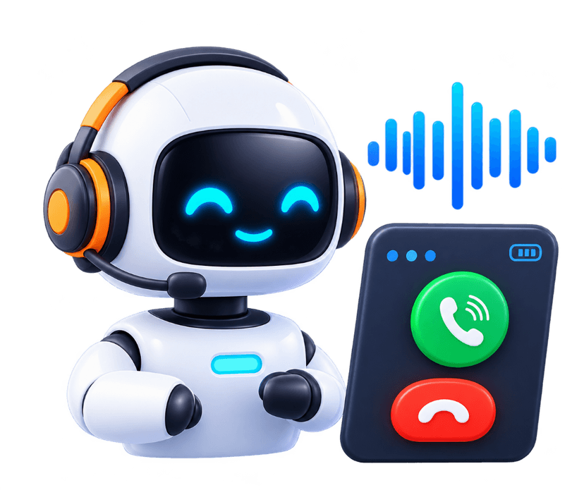 AI Voice Agents handling phone calls with audio waveform and 3D robot