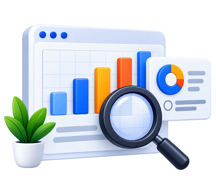 CRO Audit and conversion consulting dashboard with analytics and magnifying glass