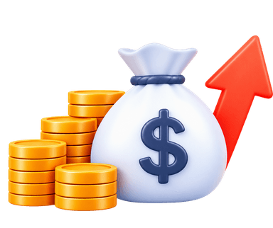 High hiring costs 3D money sack with dollar sign, gold coins, and rising red arrow