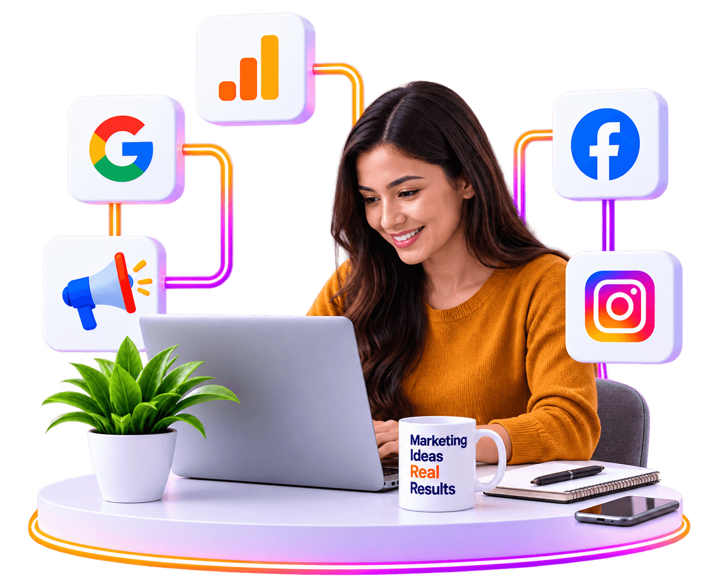 Dedicated remote marketing specialists team executing growth campaigns on interactive analytics display