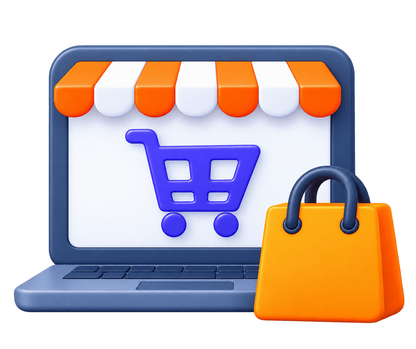 eCommerce marketing specialists 3D laptop with store awning and shopping bag