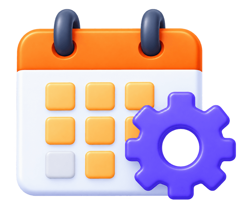 Marketing coordinators 3D calendar with checkboxes and purple gear