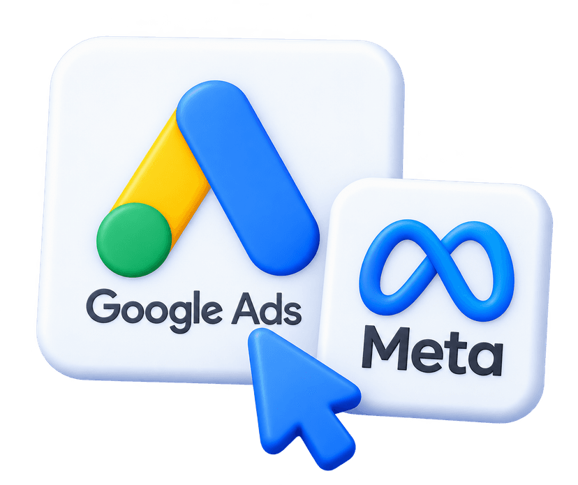 PPC specialists 3D Google Ads and Meta badges with blue cursor