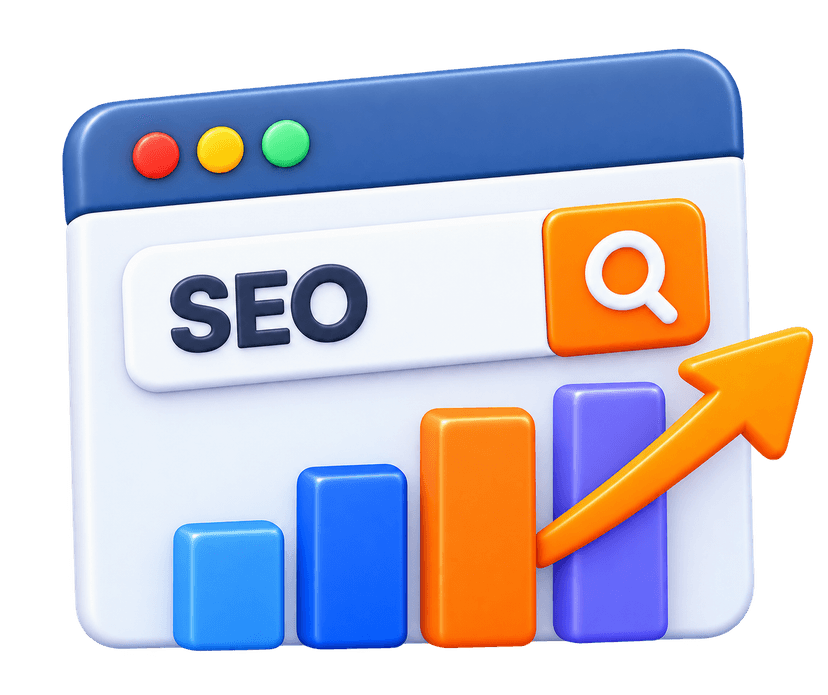 SEO specialists 3D browser window with SEO keyword search and rising growth arrow