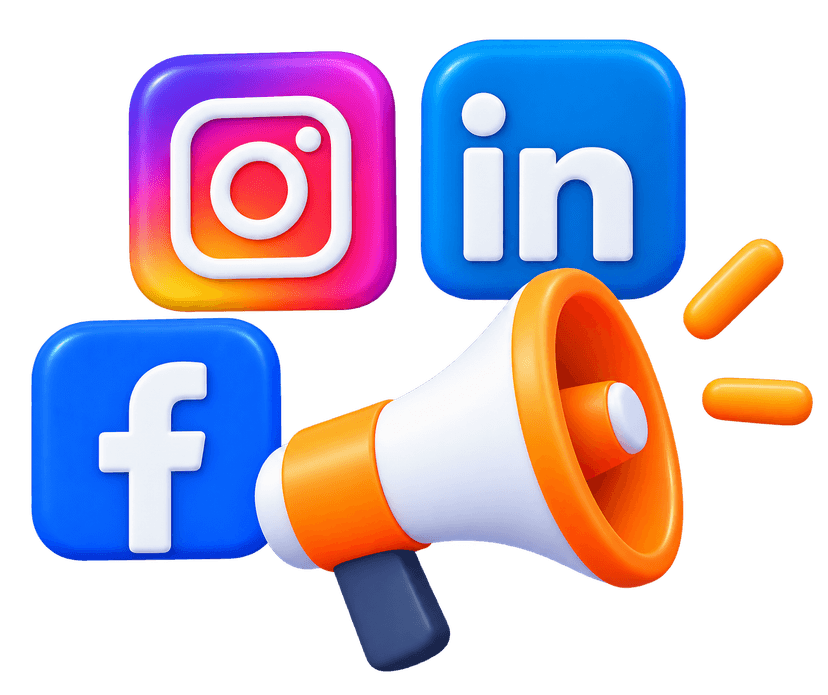 Social media specialists 3D Instagram, LinkedIn, and Facebook tiles with megaphone