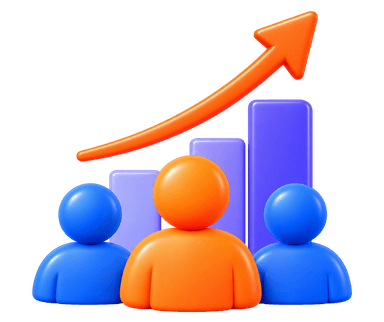 Flexible team scaling 3D 3-person team with ascending purple bars and rising orange arrow
