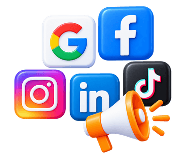 Multi-channel talent 3D Google, Facebook, Instagram, LinkedIn, TikTok app tiles with megaphone