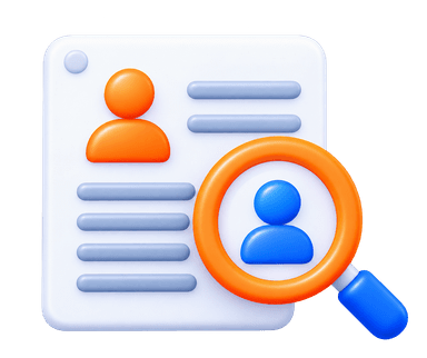 Right skill match 3D resume profile with orange and blue avatars under magnifying glass
