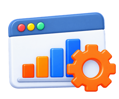 Workflow integration 3D browser window with analytics bar chart and orange gear