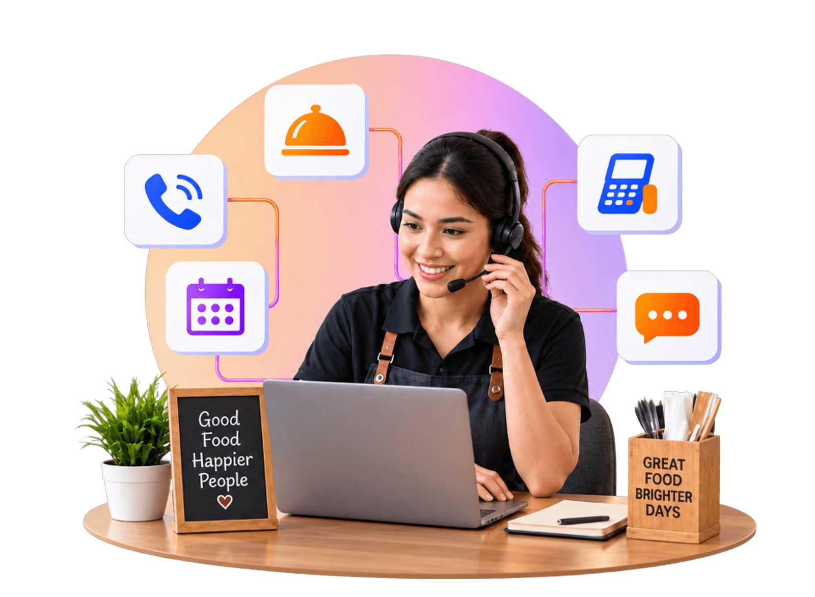 Restaurant order taking specialist working on laptop with ordering widgets