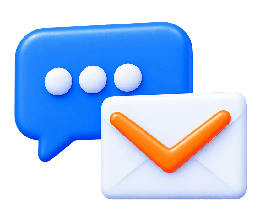 Chat and email support agent 3D artwork with omnichannel chat bubbles, message threads, and fast reply badges