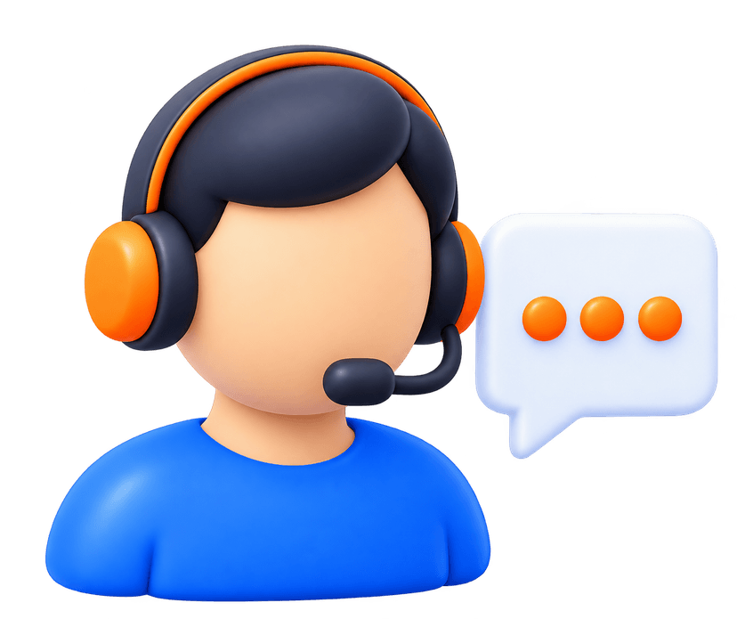 Customer support representative 3D artwork with headset, rating stars, and live support dashboard