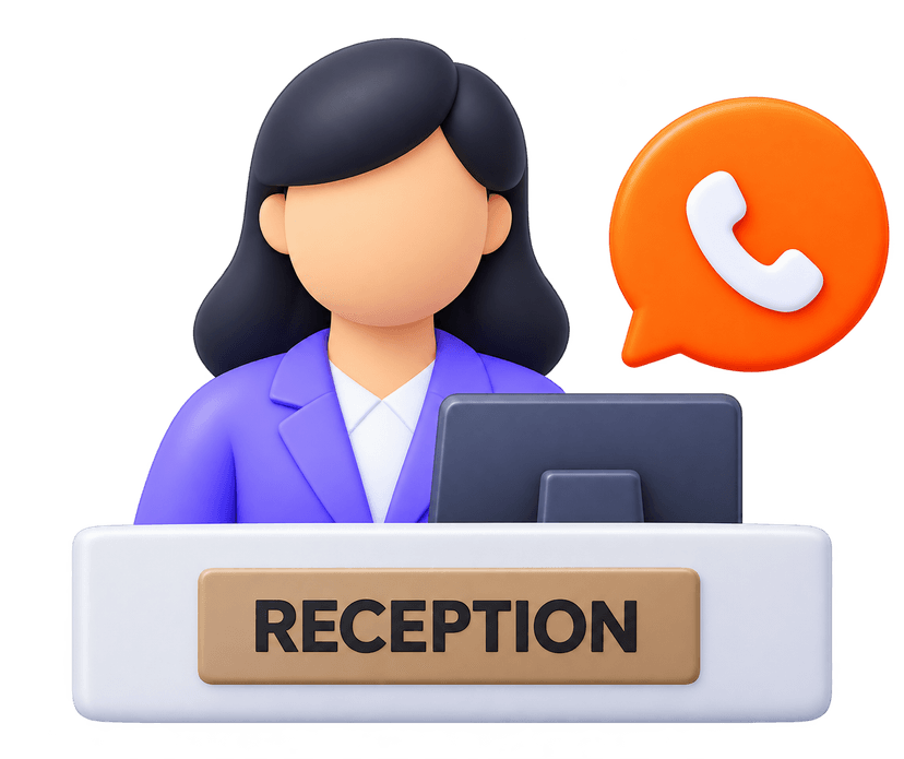 Front desk and virtual reception 3D artwork with telephone switchboard, welcoming desk, and schedule coordinator
