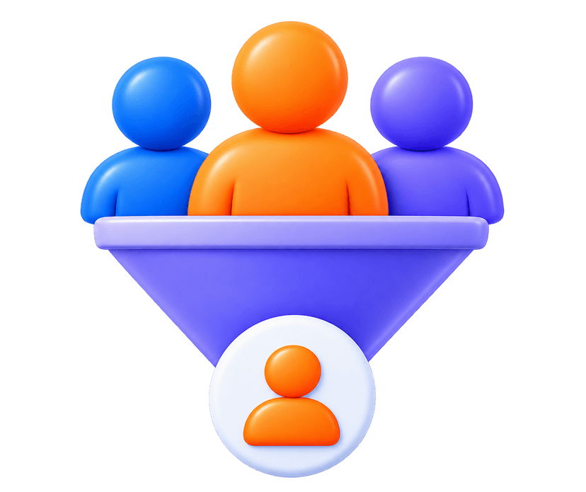 Lead generation specialist 3D artwork with prospect funnel, target audience, and database research