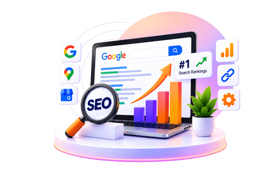 Search Engine Optimization analytics dashboard and search ranking graph