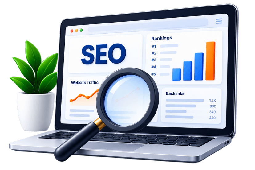 SEO Audit and Custom Strategy laptop with ranking charts and magnifying glass