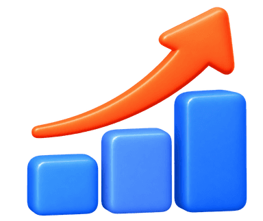 Growing workloads 3D illustration with rising growth bar chart and orange arrow