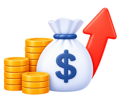 High internal overhead 3D illustration with money bag, gold coin stacks, and rising cost arrow