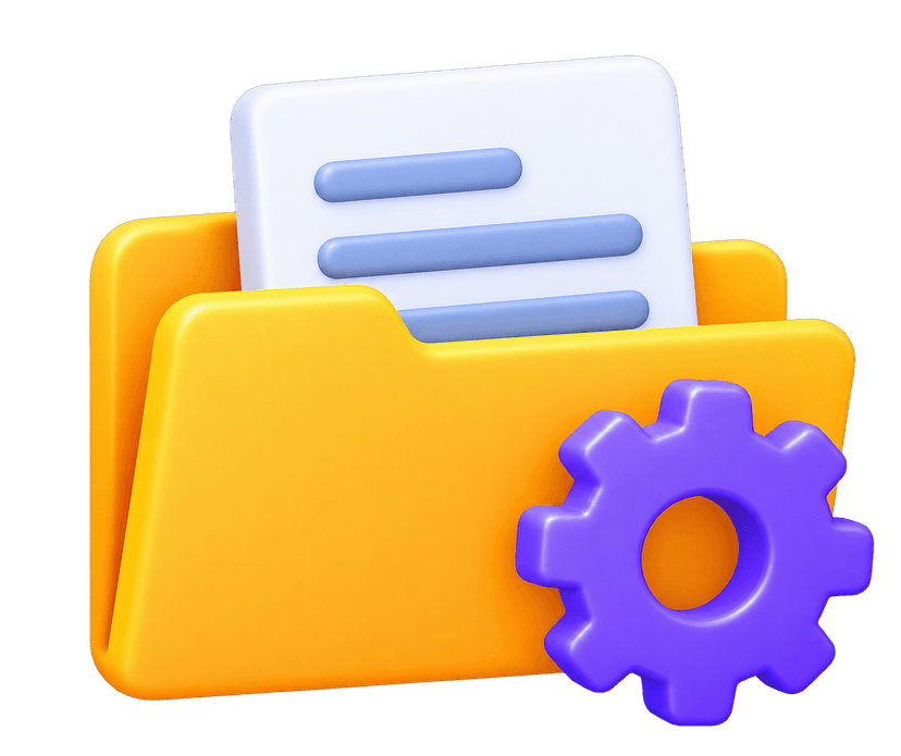 Back-office assistant 3D illustration with folder, document sheet, and purple gear