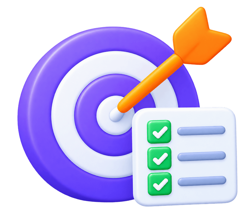 Business operations assistant 3D illustration with target bullseye, dart, and task checklist