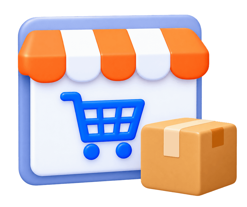 eCommerce assistant 3D illustration with storefront, shopping cart, and package delivery box