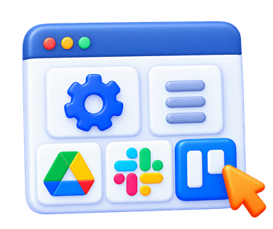 Workflow integration 3D illustration with connected tools Google Drive, Slack, Trello, and gear