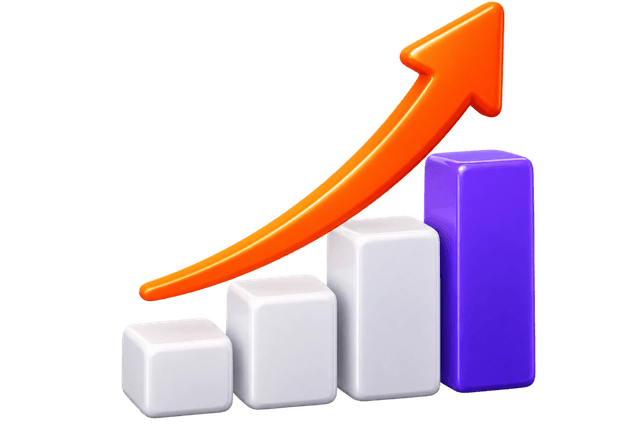 3D ascending bar chart with upward trending curved arrow
