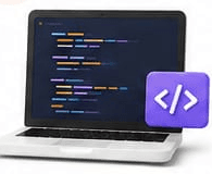Laptop coding environment with purple code symbol badge