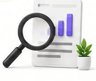 Magnifying glass examining document with growth chart and office plant