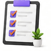 Checklist clipboard with checkmarks and office plant