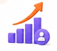Ascending purple bar graph with curved orange arrow and user badge