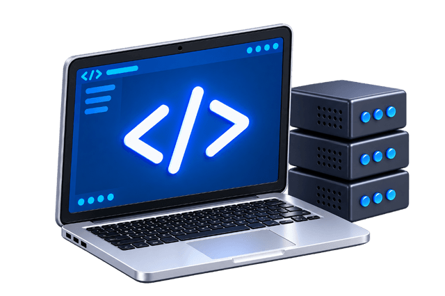 Laptop with code editor and server rack illustrating IT and development