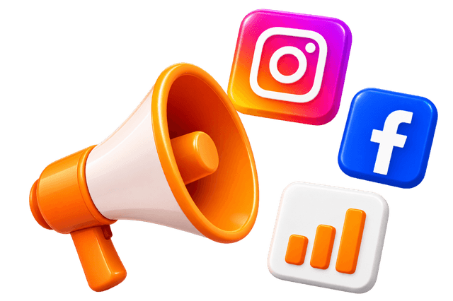 3D megaphone with social media badges and performance graph