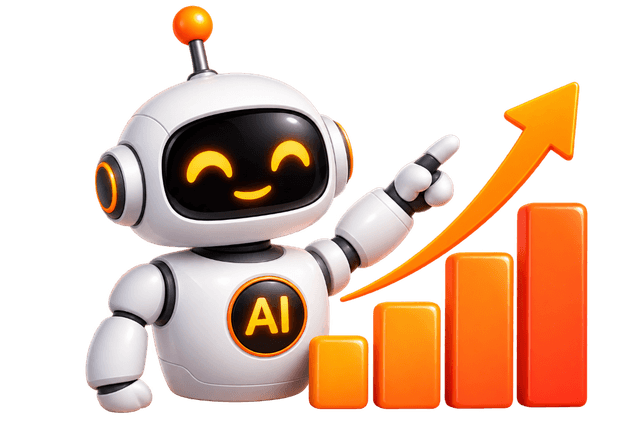 3D AI robot celebrating next to an ascending growth bar chart