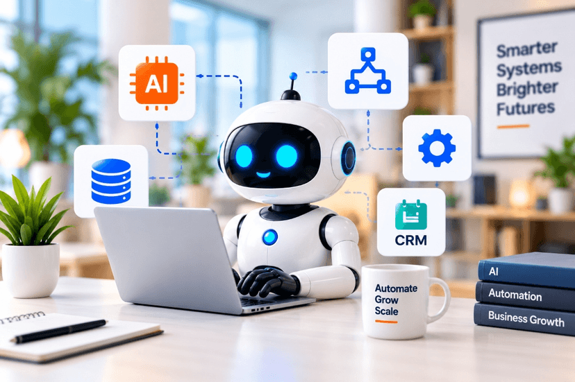 AI robot with laptop and floating AI, CRM, and automation badges