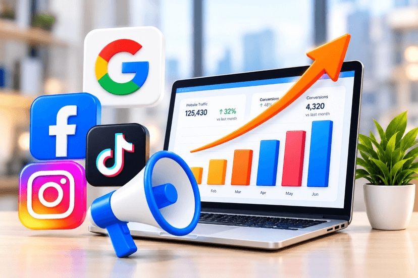 Marketing and growth analytics with Google, Facebook, TikTok, Instagram icons and bar chart