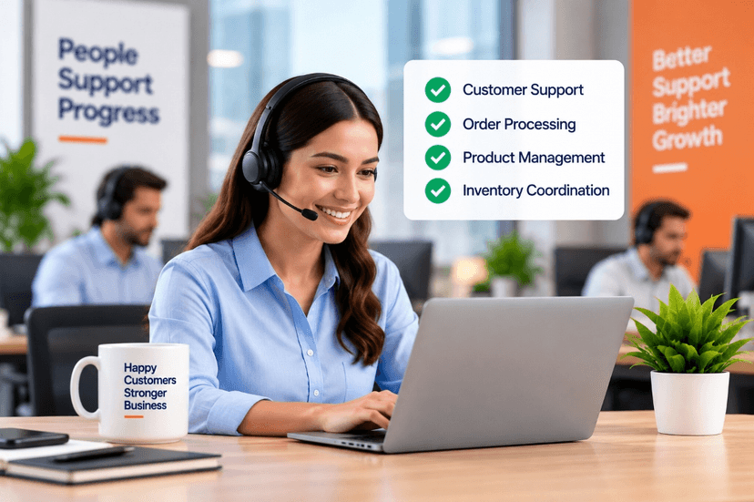 Remote staffing professional with headset smiling at laptop with team in background