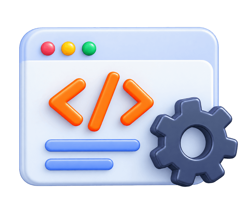 3D code browser window with gear for AI software features