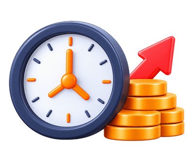 Higher Time and Cost 3D clock with coins and rising arrow