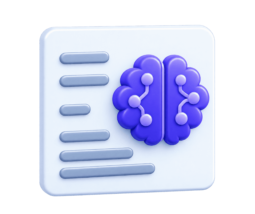 3D document with purple brain representing custom models and RAG