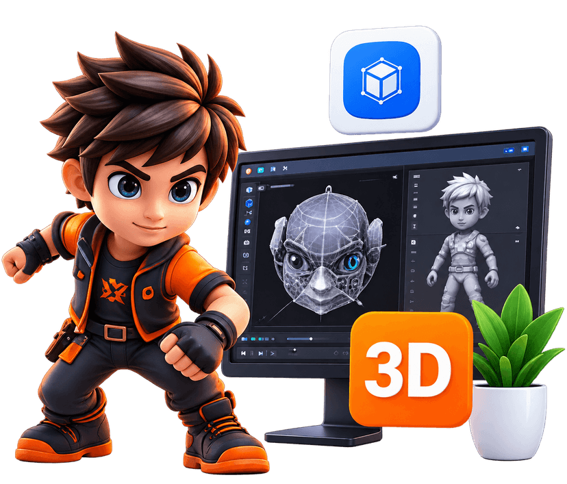 2D and 3D Game Development character and 3D wireframe monitor