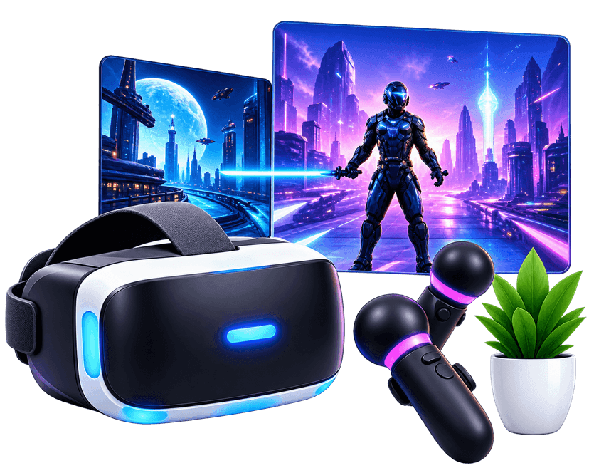 AR and VR Game Development headset with motion controllers and cyber gaming screen
