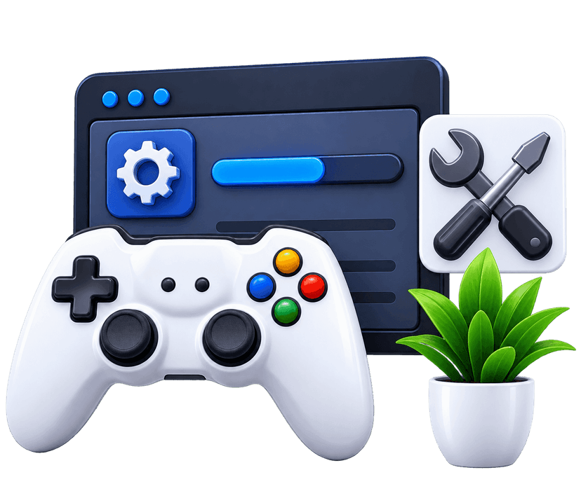 Game Maintenance and Support settings dashboard with tools and controller