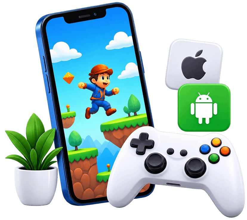 Mobile Game Development showcase on smartphone with controller