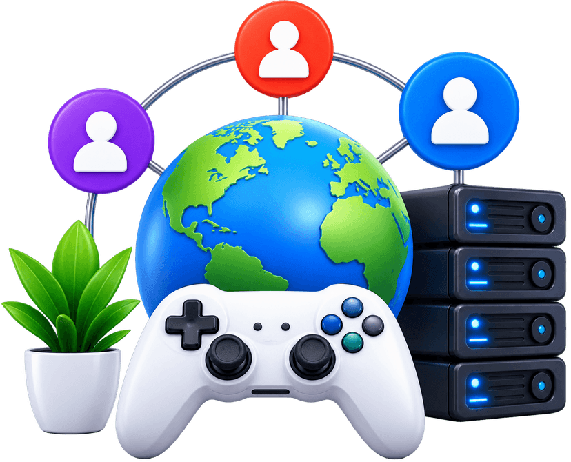 Multiplayer and Online Games globe network with servers and controller