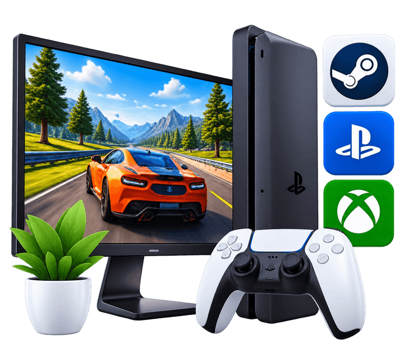 PC and Console Game Development monitor with racing game, console and controller